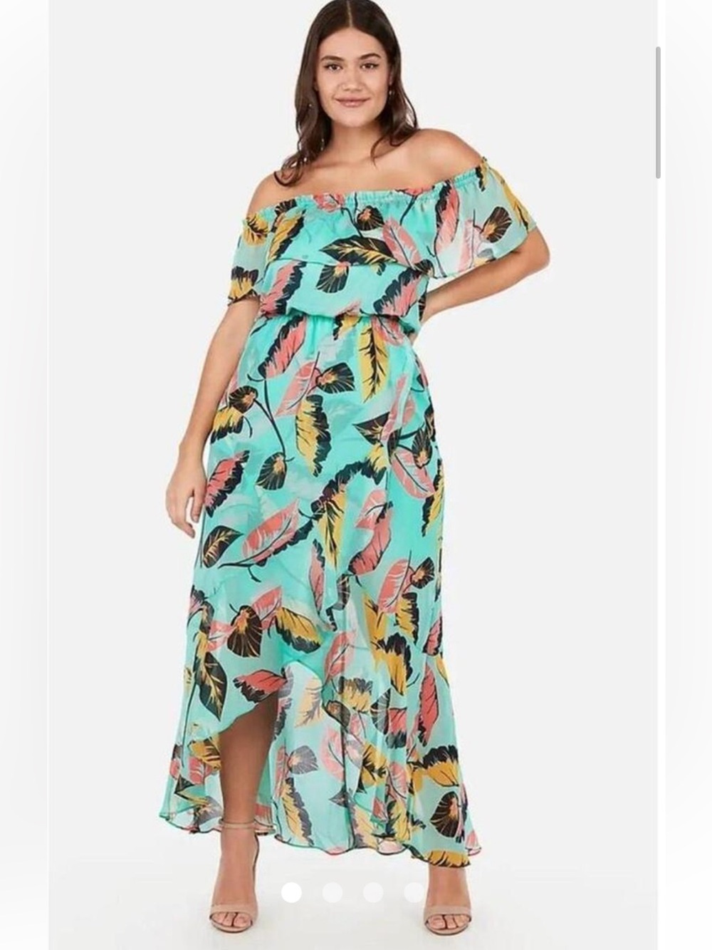 Express Off-Shoulder Teal Tropical Print Maxi Dress